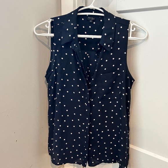 Sleeveless Navy White Polkadot Button Blouse with Collar - Picture 1 of 2